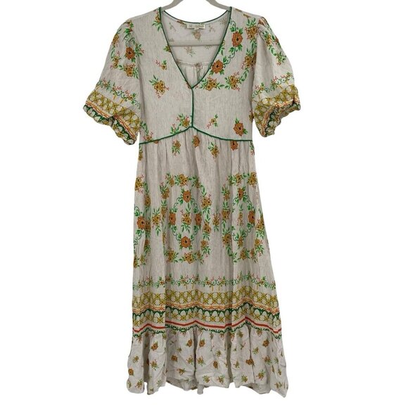 Fig & Flower Size Large Floral Print Linen Blend Short Sleeve Midi Dress Prairie - Picture 1 of 16
